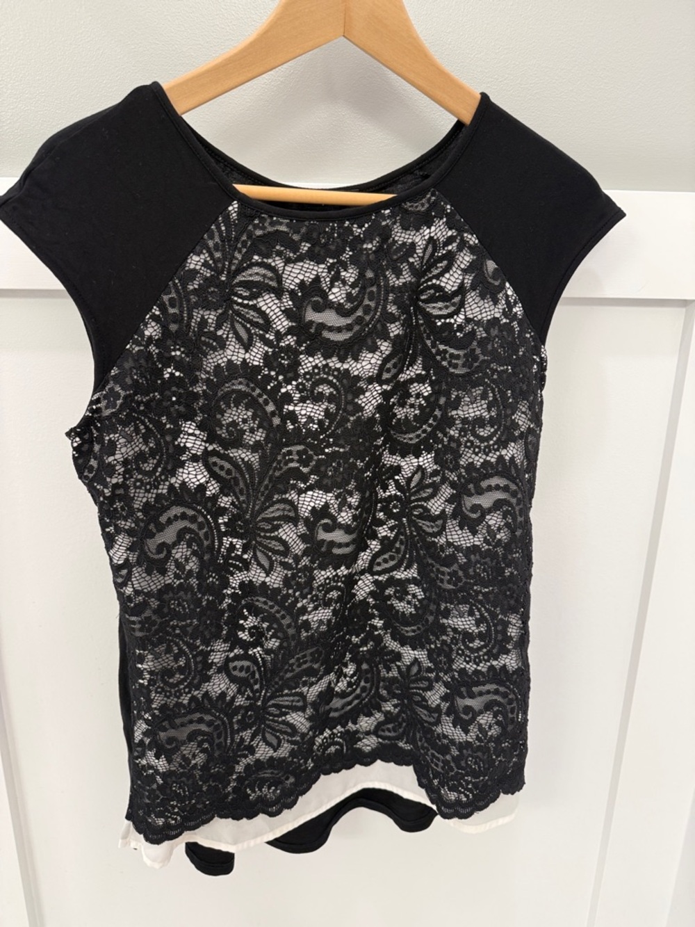 White House Black Market Black Lace Cap-Sleeve Shirt
